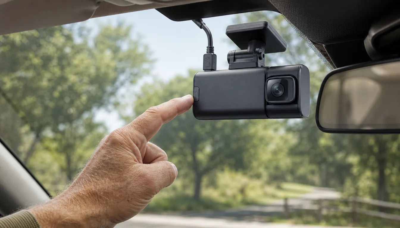 A person in a parked car reaching up to press a button on a dash cam mounted near the rearview mirror
