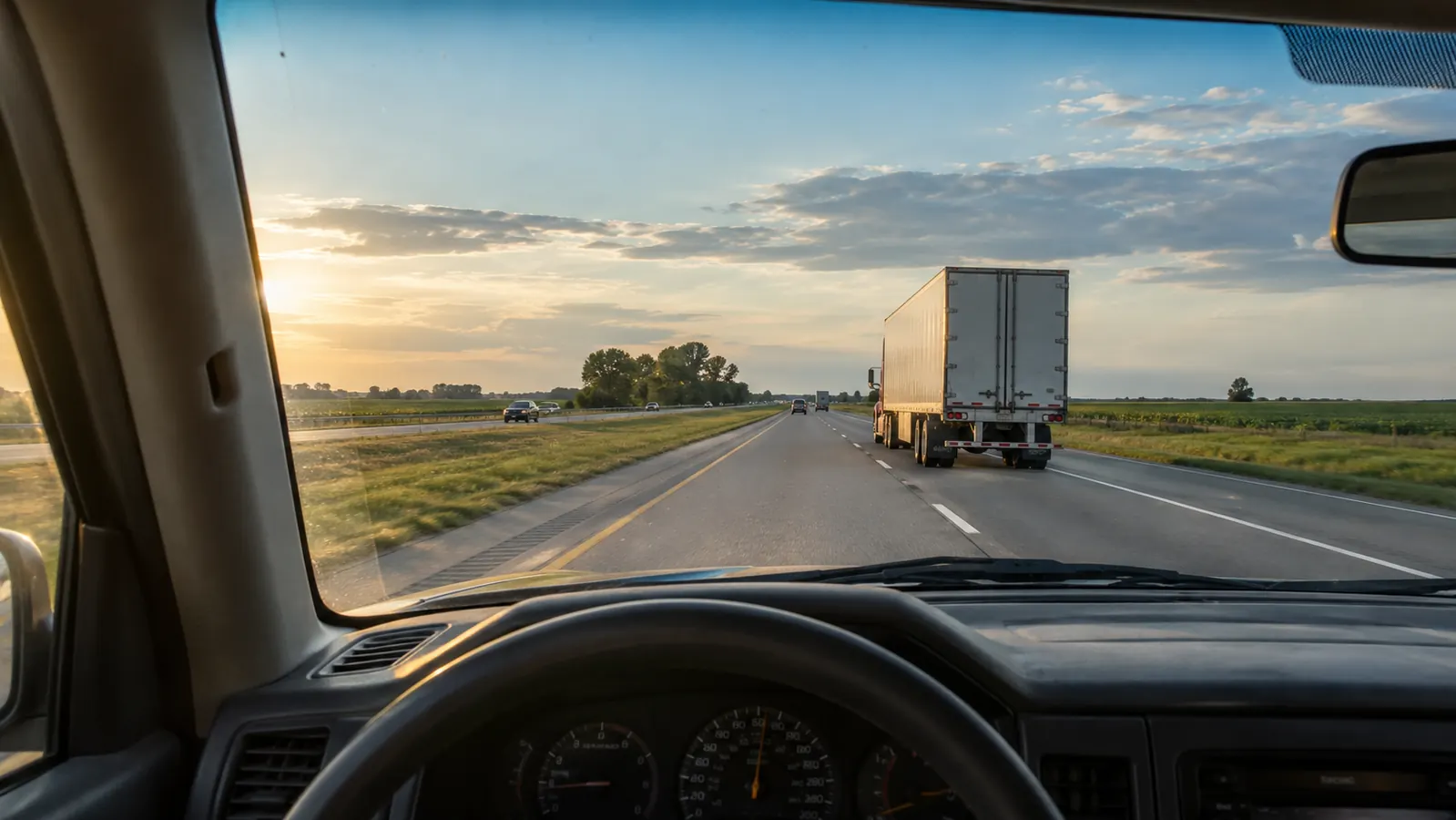 Driver's point of view on an interstate highway with a semi truck ahead and open road