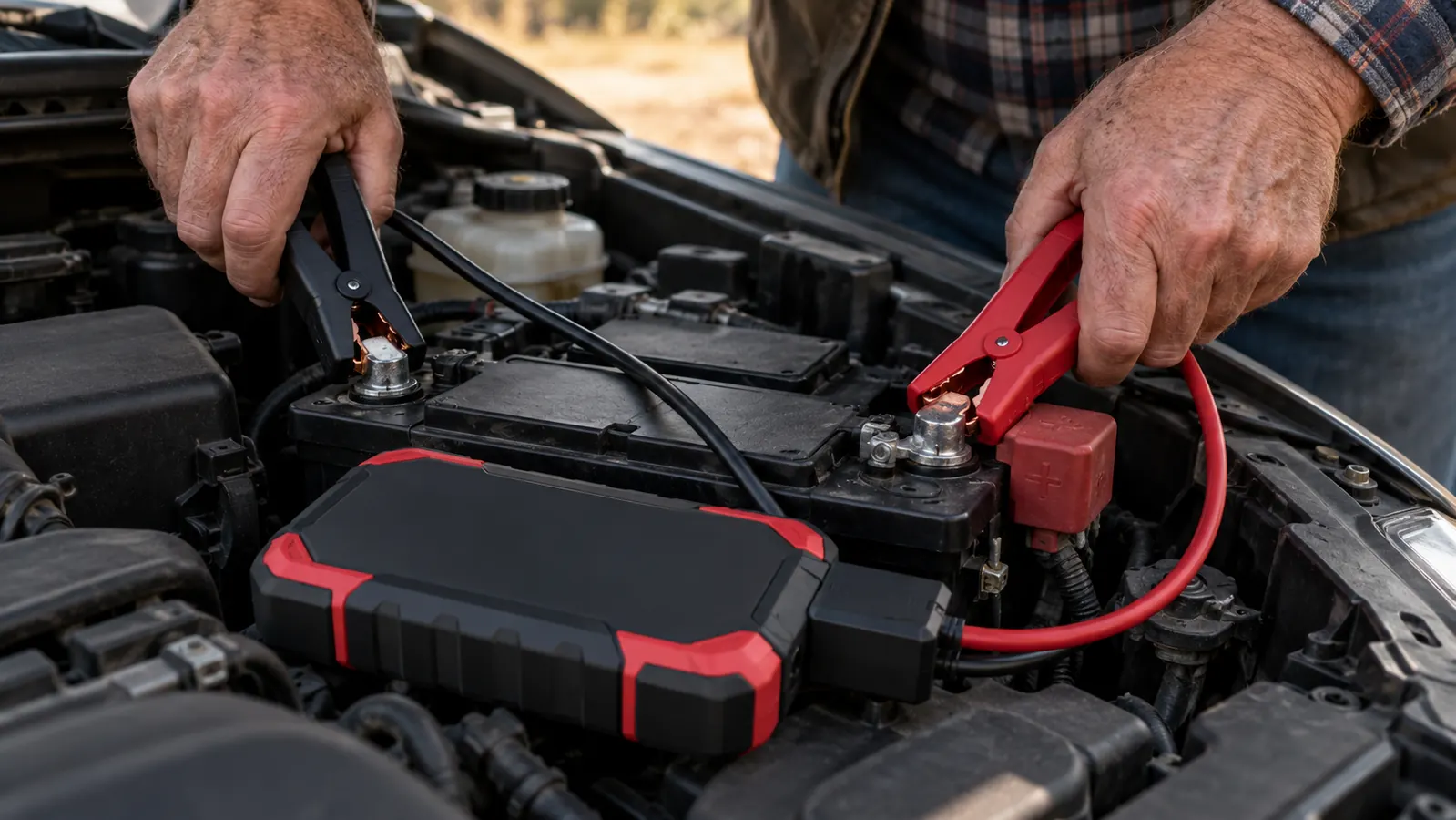 Hands connecting red and black booster clamps to a car battery terminal
