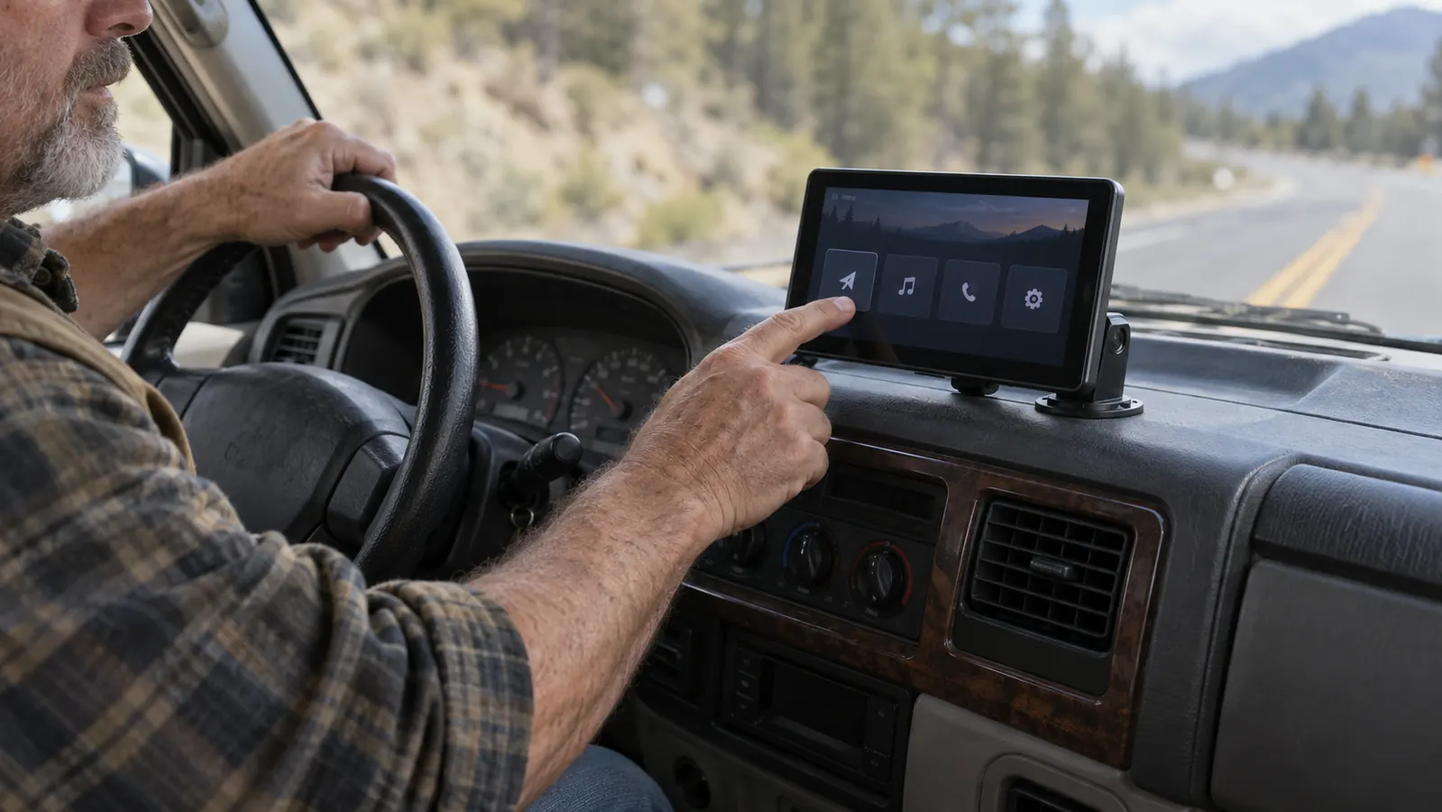 A person's hand reaching toward a portable display mounted on the dashboard of an older vehicle while the road is visible through the windshield