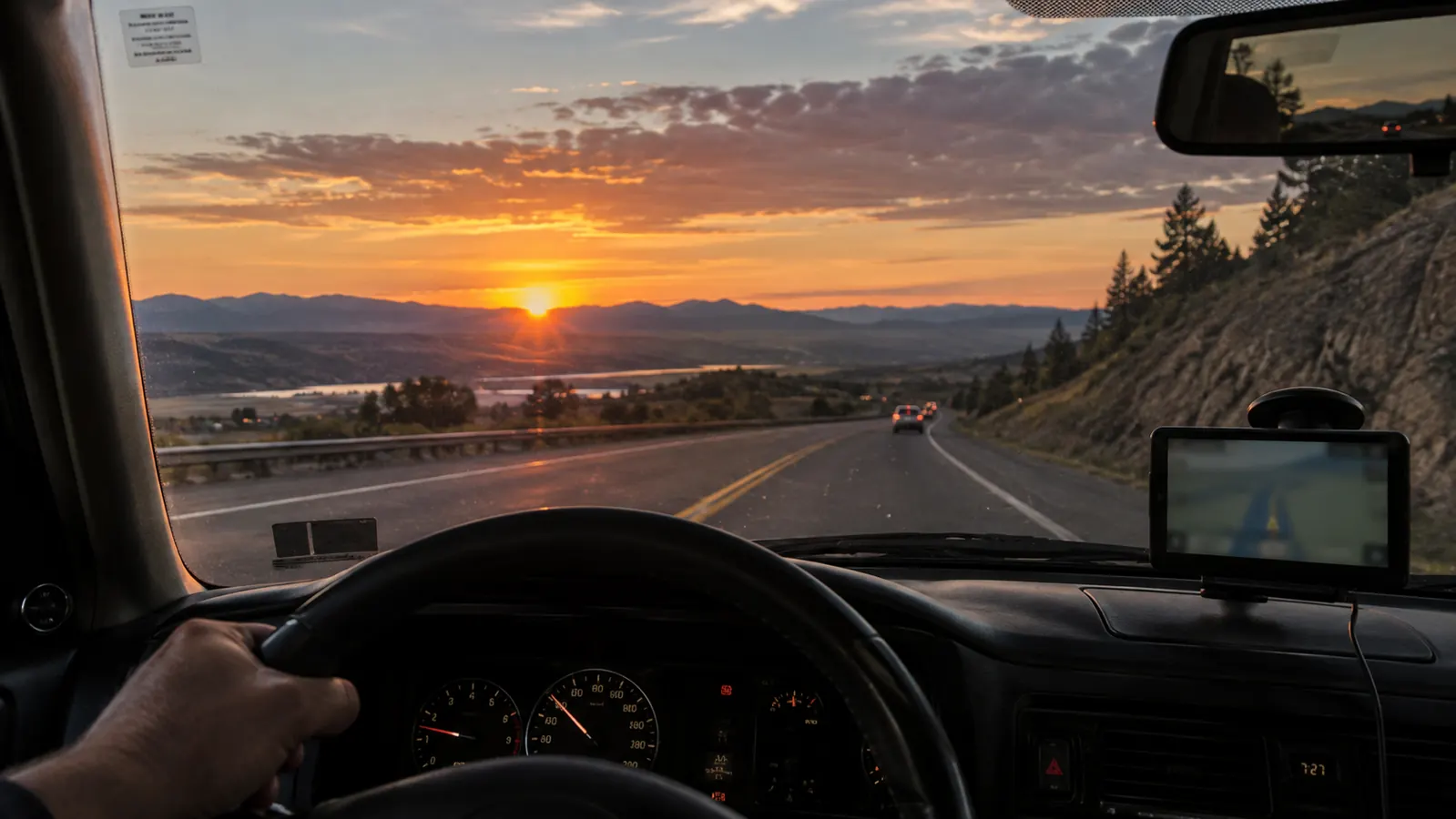 Driver's view of a highway at sunset with a portable display mounted near the dashboard