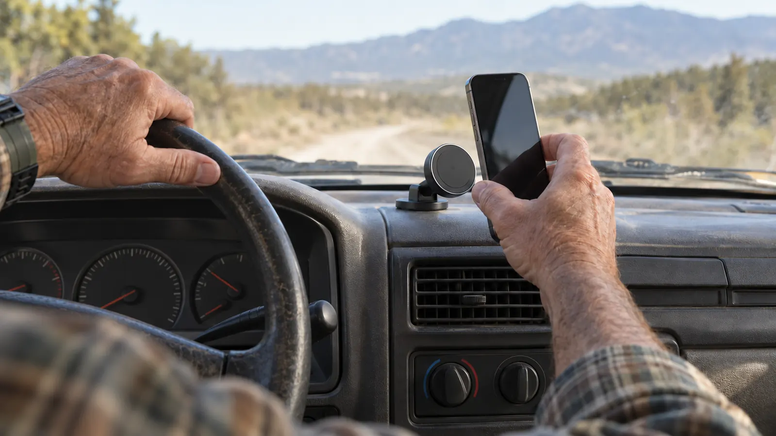 A hand placing a phone onto a magnetic car mount attached to an older SUV's dashboard
