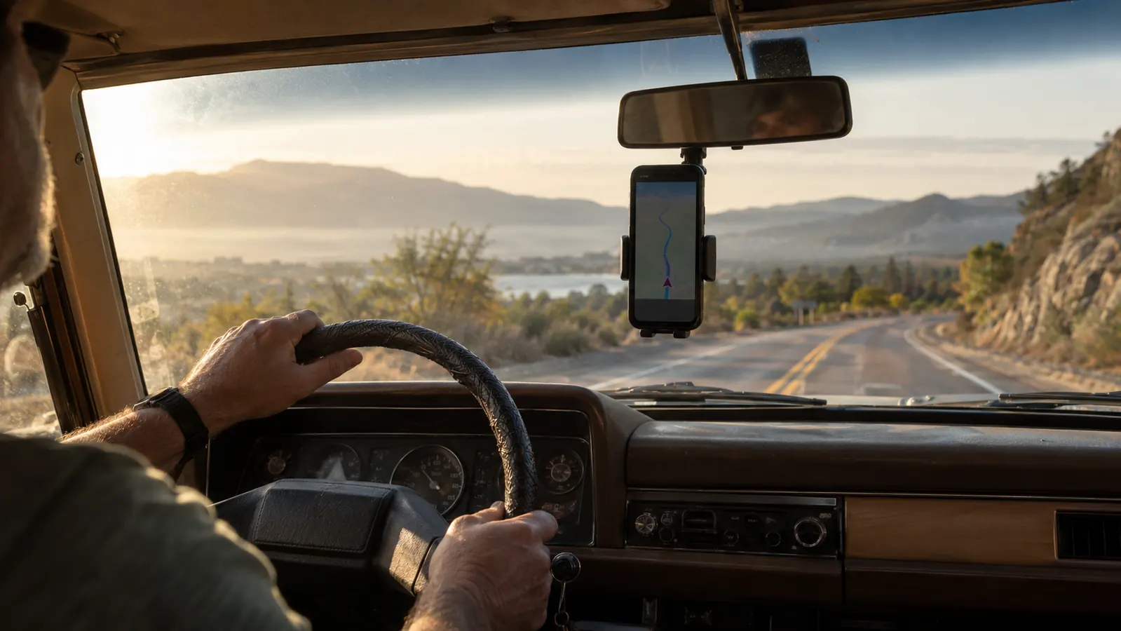 A phone mount holding a phone at eye level on the windshield, with the road visible ahead