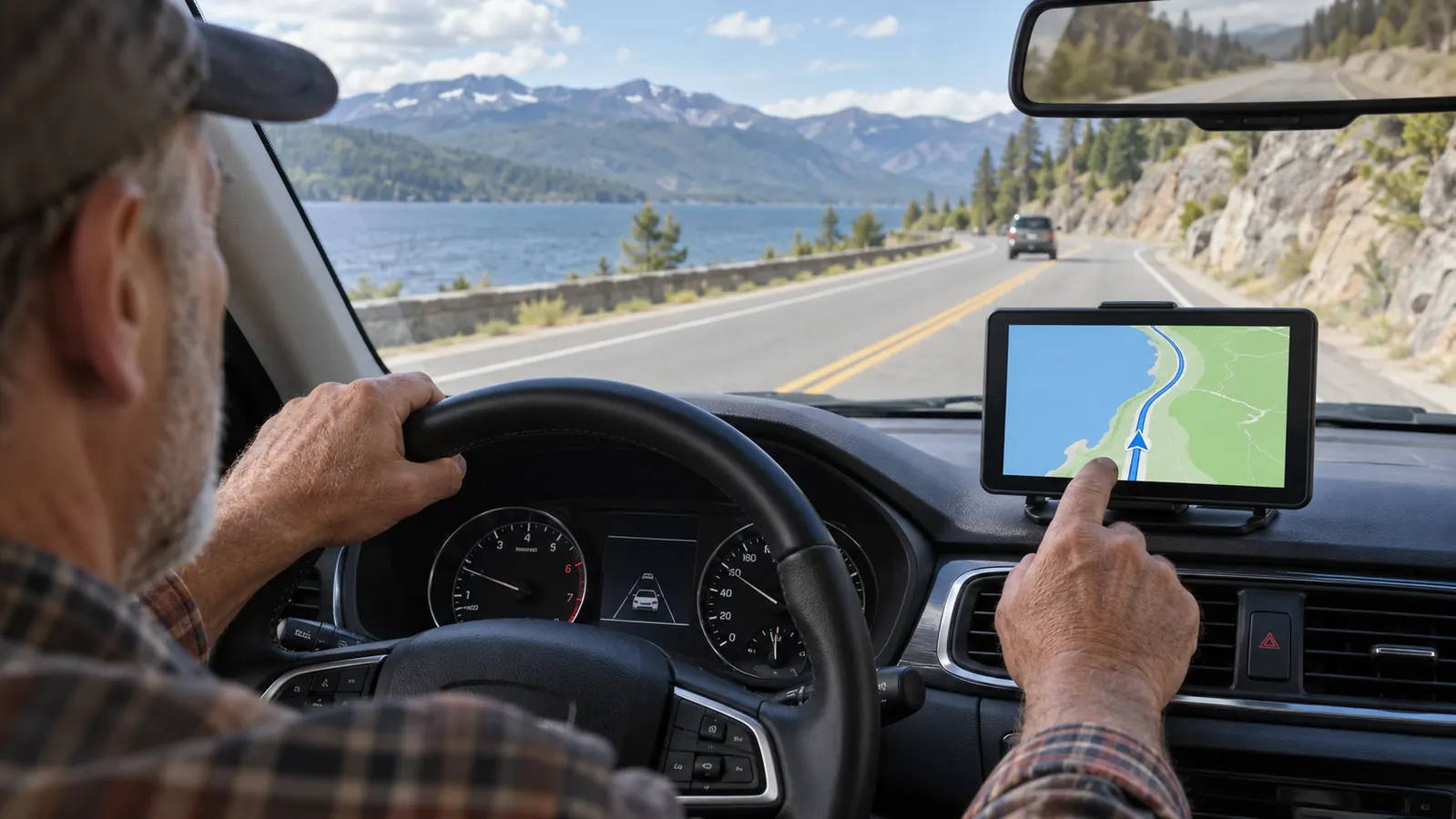 A driver looking briefly at a portable screen showing a map while driving on a highway