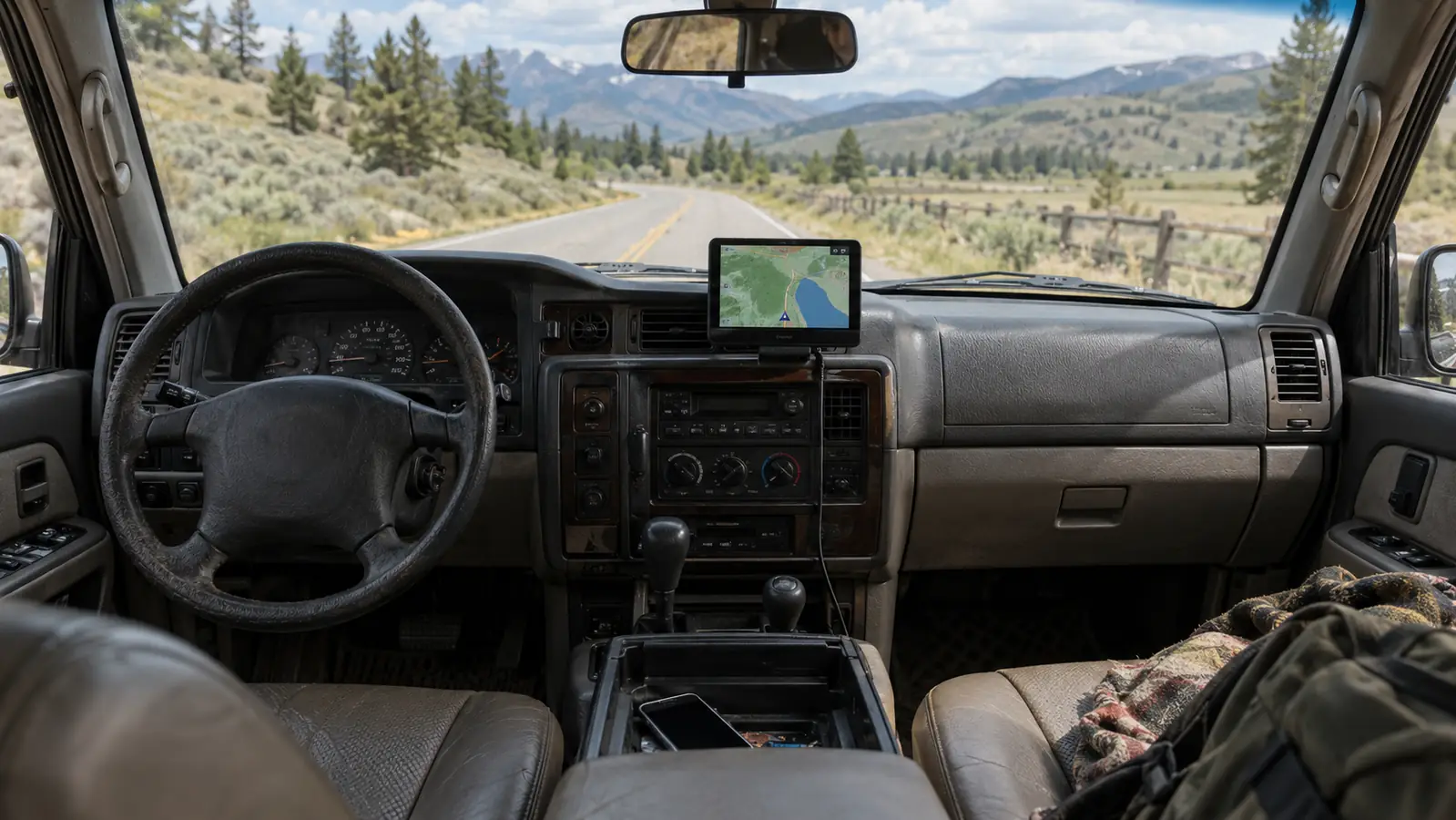 A portable dashboard screen showing a map in an older SUV, with a smartphone resting in the center console