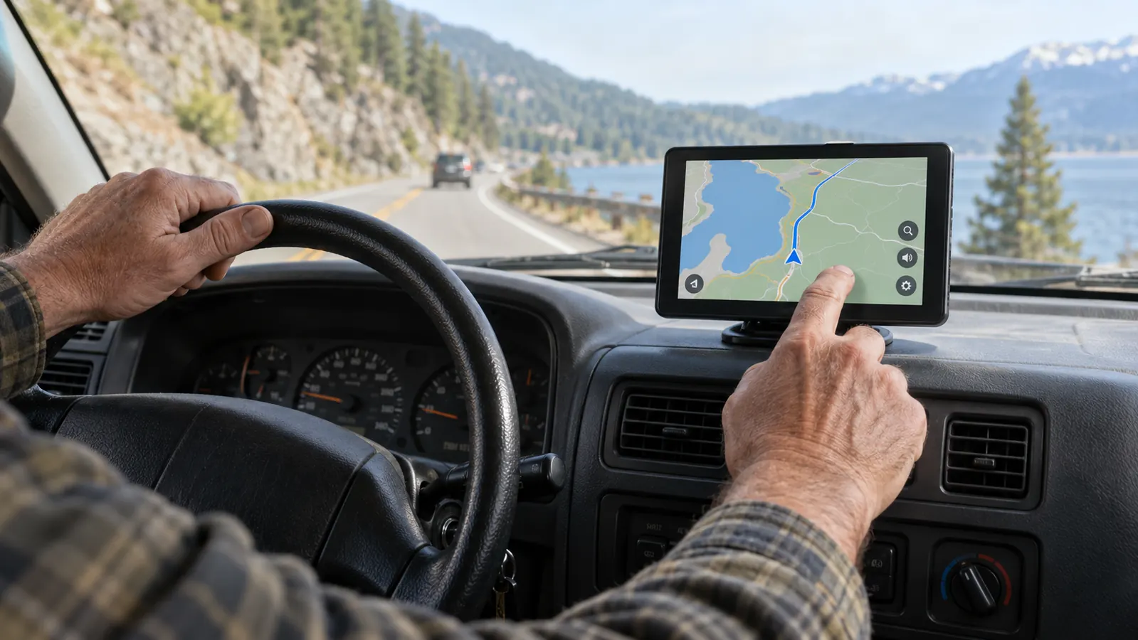 A hand reaching to tap a portable car display mounted on the dashboard while the driver sits in an older SUV