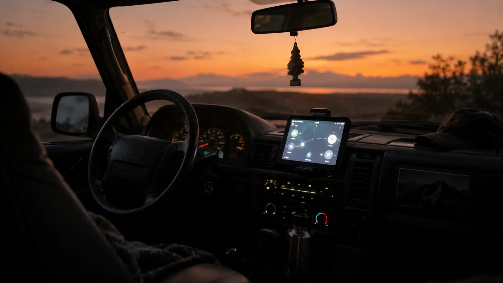 Dashboard of an older SUV at dusk with a portable display lit up on the dash