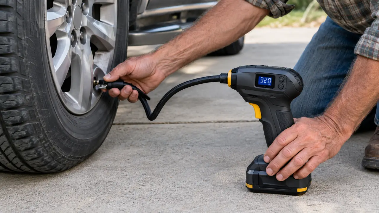 A hand holding a cordless tire inflator against a car tire valve stem on a driveway in daylight, the small screen showing the pressure reading