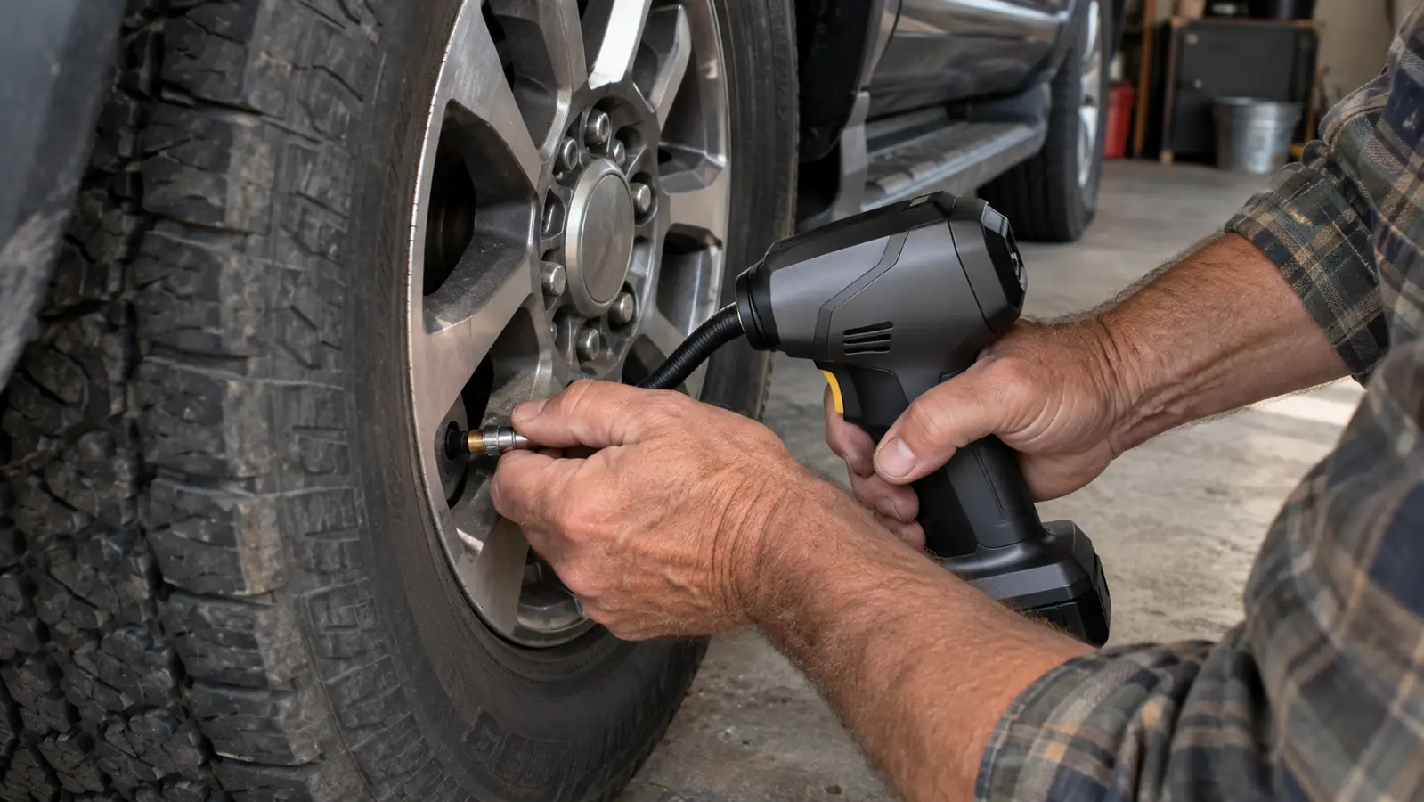 A hand holding a cordless tire inflator connected to an SUV tire's valve stem