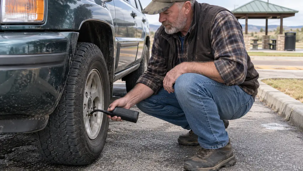 A hand attaching a cordless tire inflator to a tire valve on an older SUV