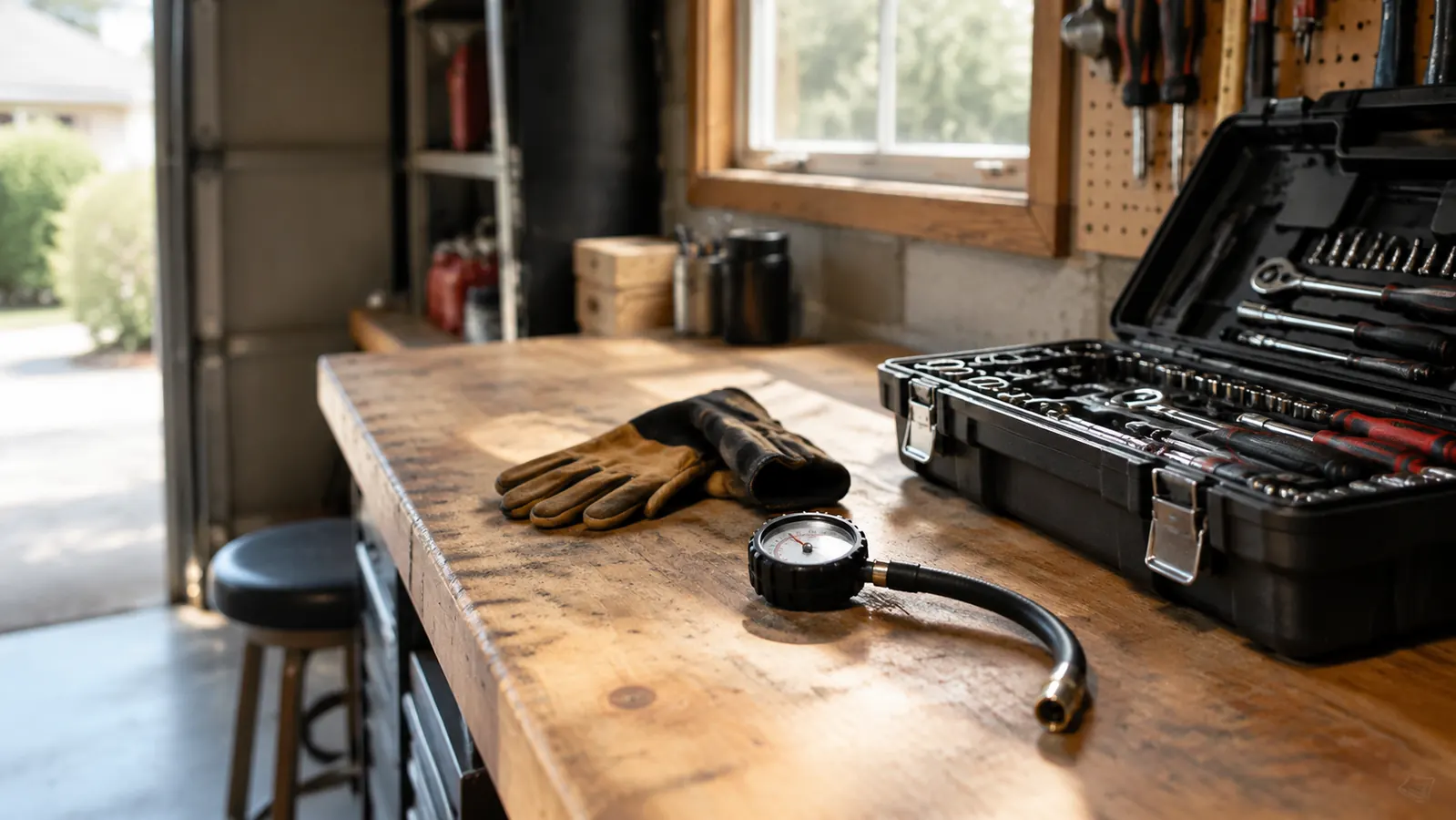A garage workbench with an open toolbox, work gloves, and a tire gauge