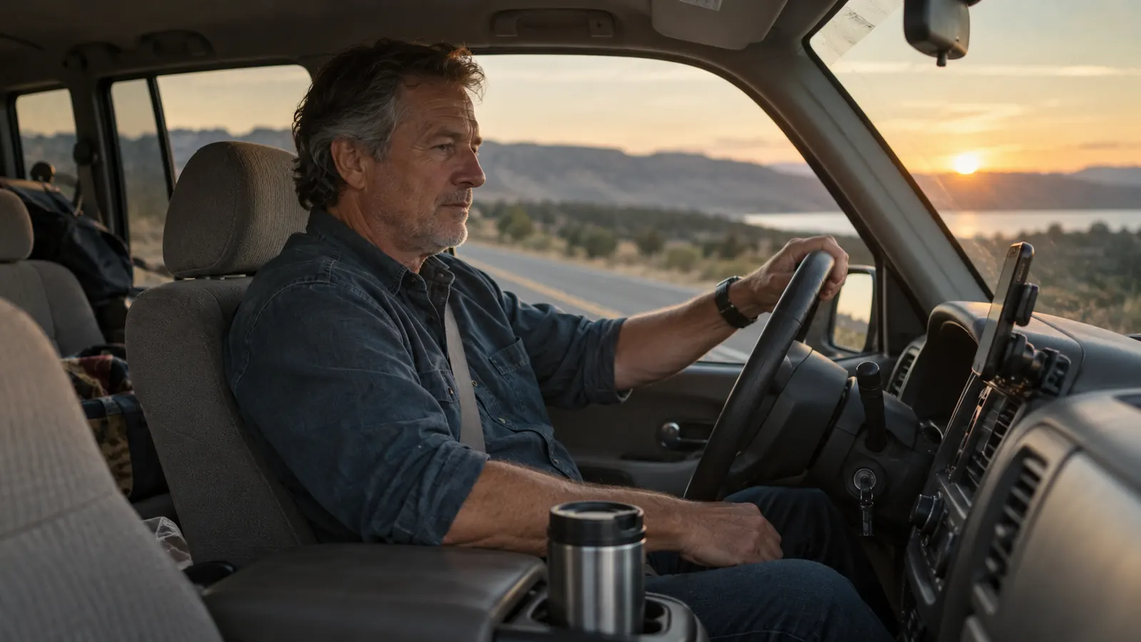 A driver reaching for a phone mounted to the dashboard vent of an older SUV on a two-lane highway at dusk