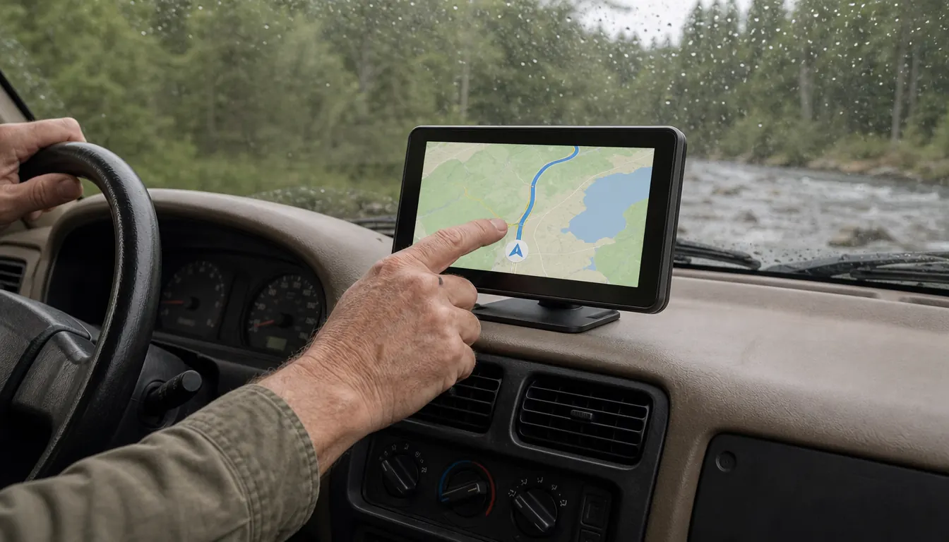 A hand reaching to tap the touchscreen of a portable wireless CarPlay screen mounted on the dashboard of an older SUV, with a navigation map on the display