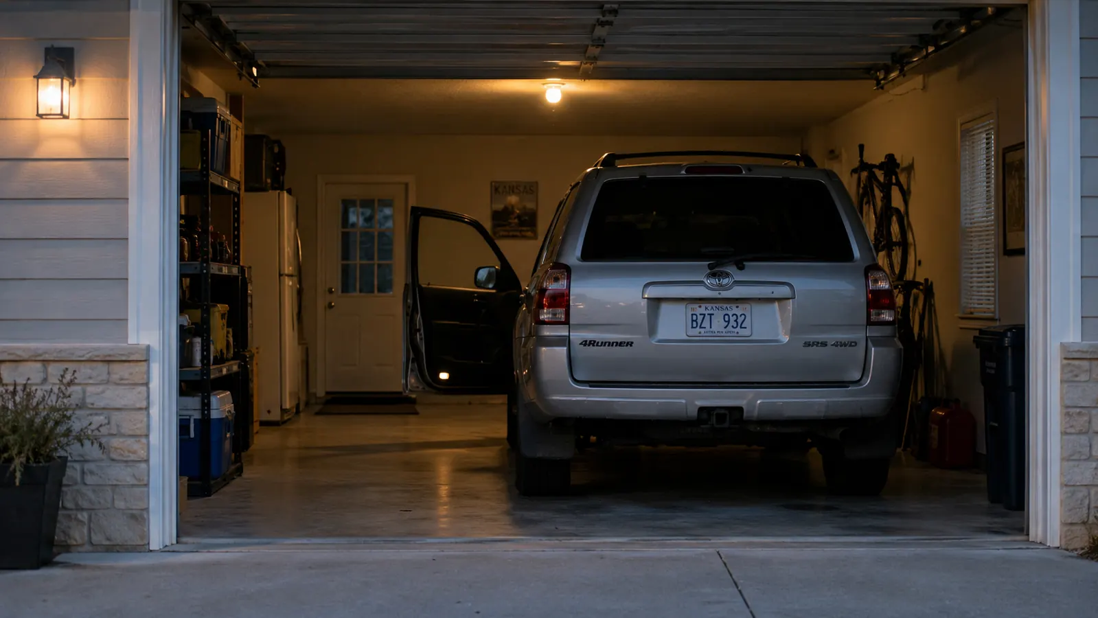 An older SUV parked in a single-car garage at dusk with the driver door open and an overhead light on