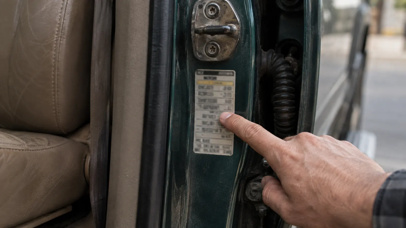 A hand pointing to the tire pressure label on the driver side door pillar of an older SUV