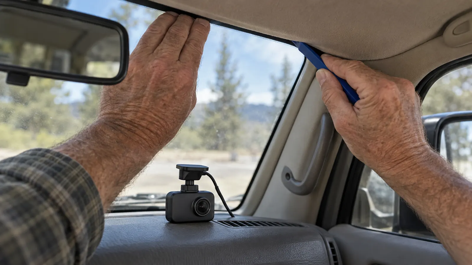 A hand pressing a small dash cam power cable into the seam between the windshield and the headliner of an older SUV with a plastic trim tool, the compact dash cam resting on the dashboard