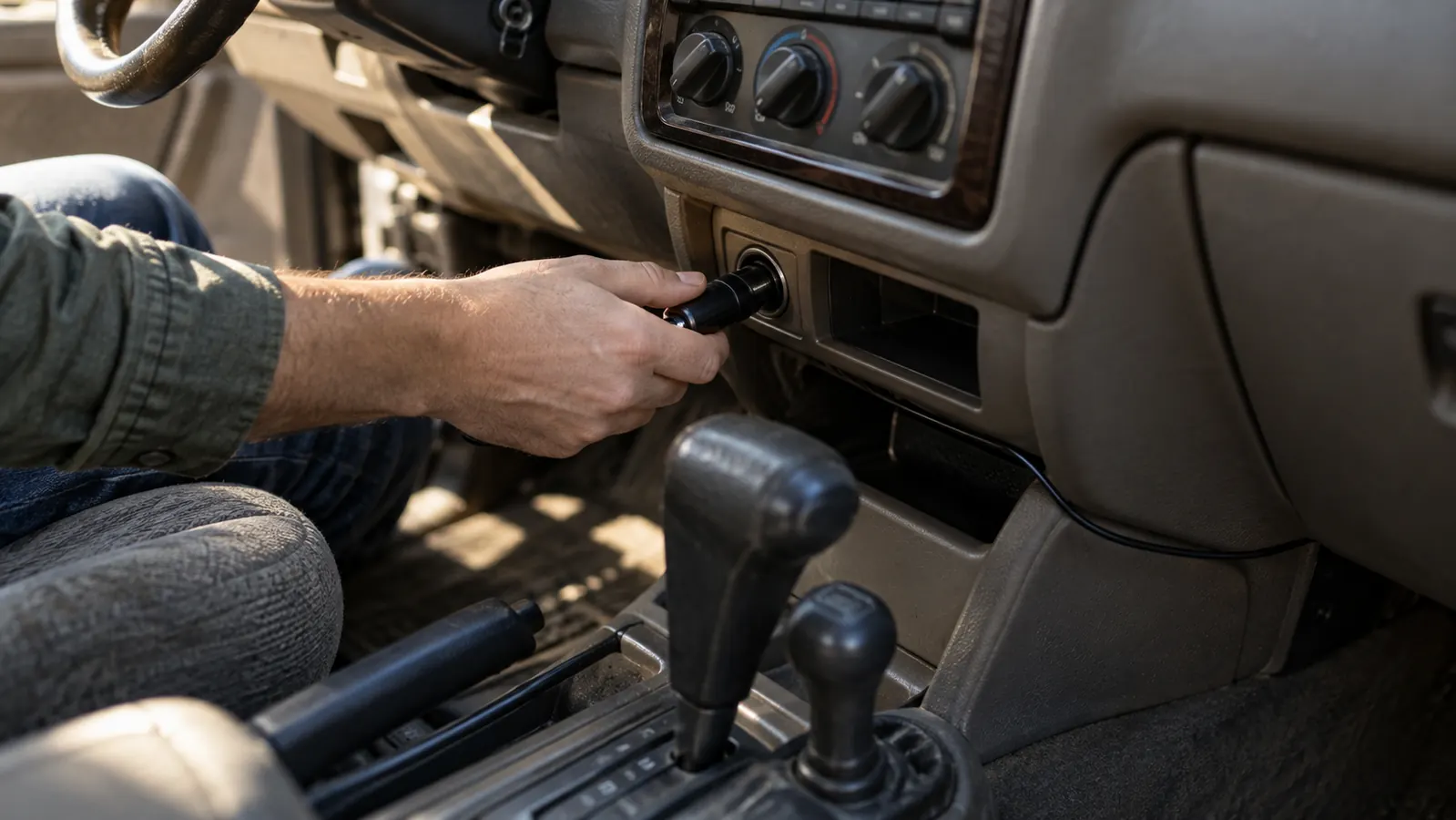 A hand plugging a dash cam power adapter into the 12V outlet below the dashboard of an older SUV, cable routed neatly along the edge of the center console