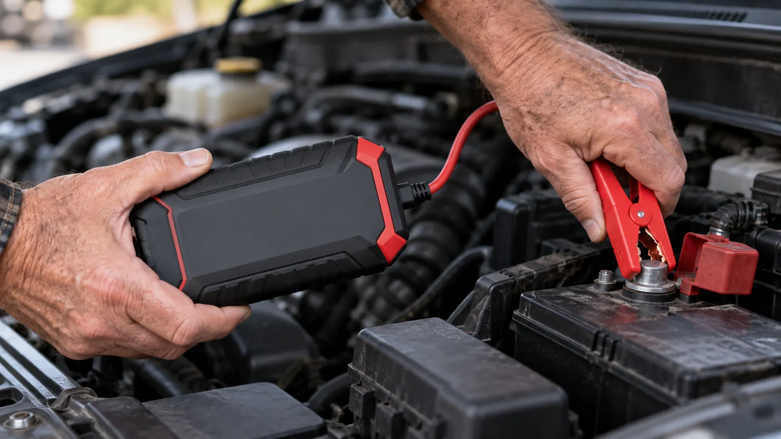Close-up of a hand attaching a red clamp to a car battery positive terminal while holding a portable jump starter
