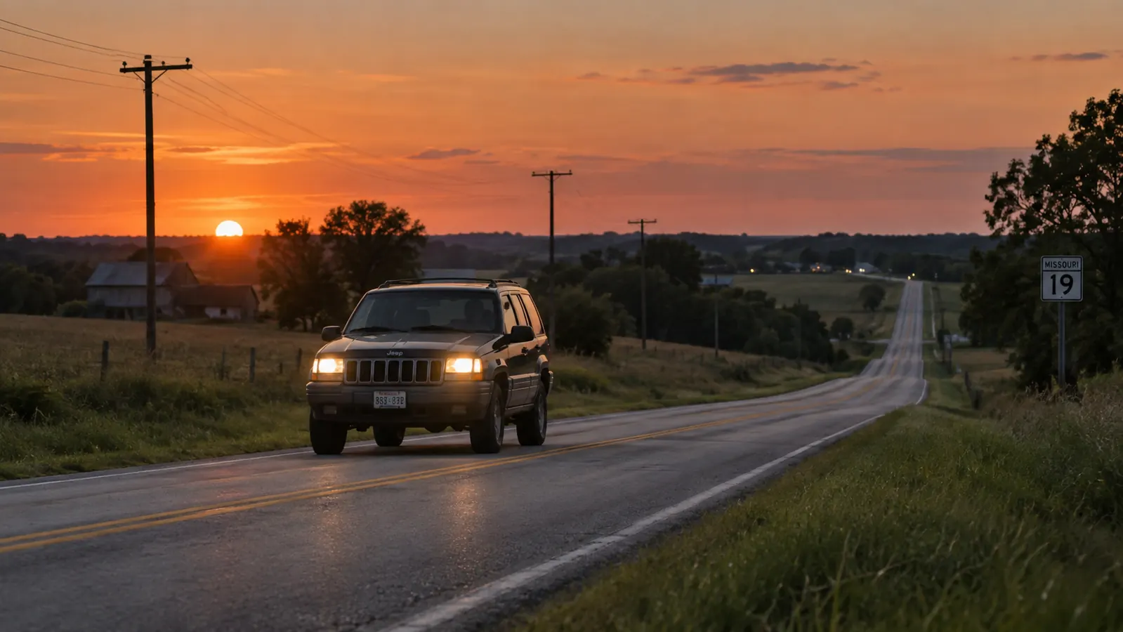 An older SUV driving on a two-lane highway at dusk with headlights on