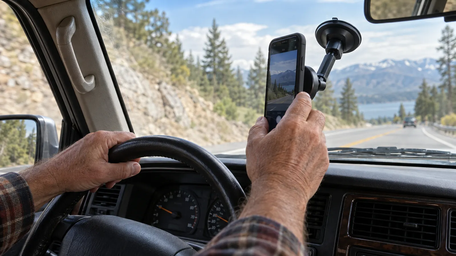 Hand adjusting a phone in a magnetic mount attached to the windshield of an older SUV
