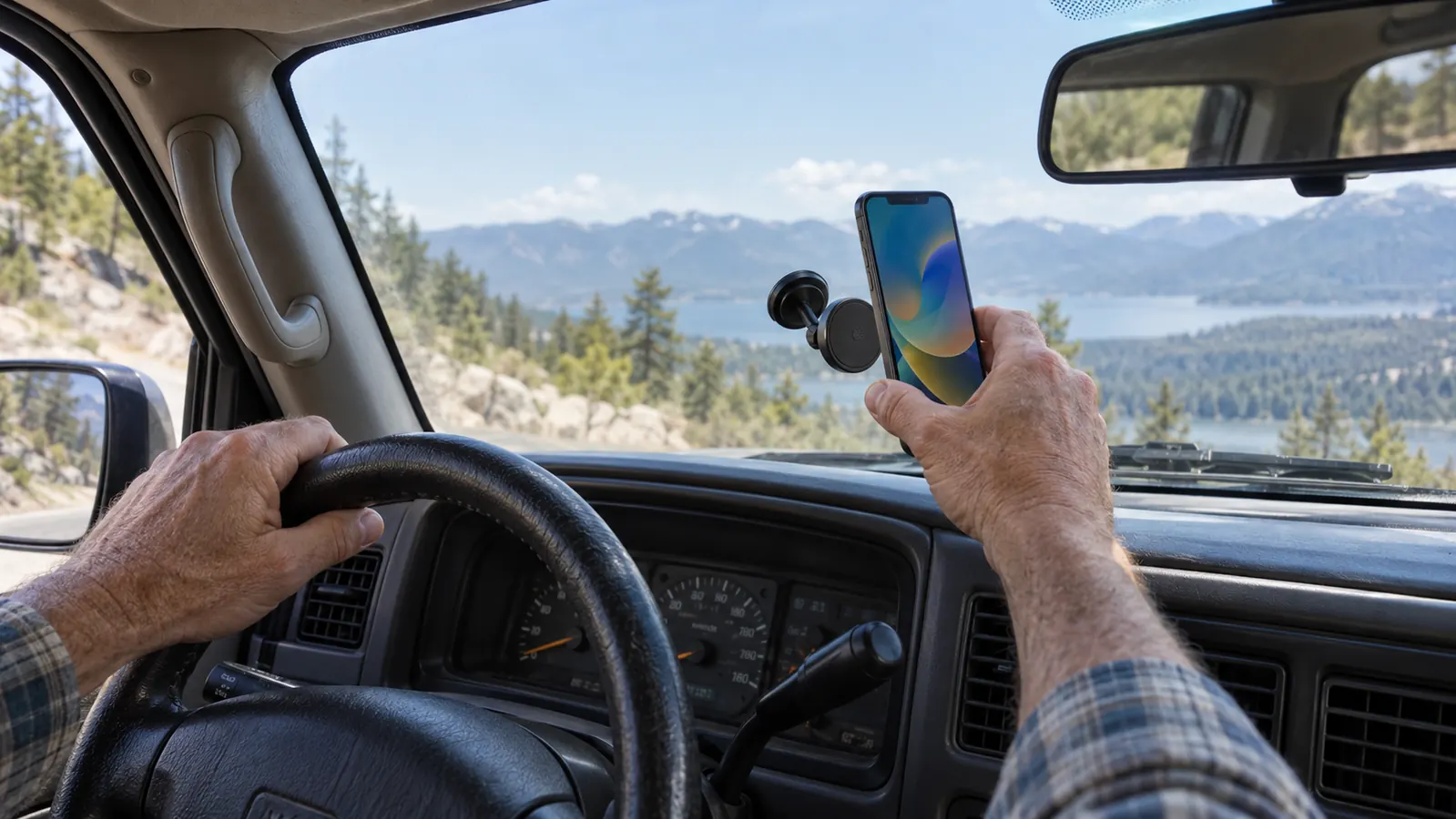 A hand placing a smartphone onto a magnetic mount attached to the inside of an SUV windshield
