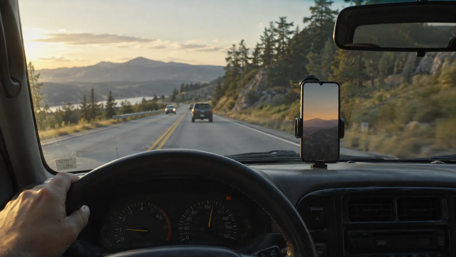 Driver's view of a smartphone held upright in a mount on the windshield of an older SUV on a two-lane highway