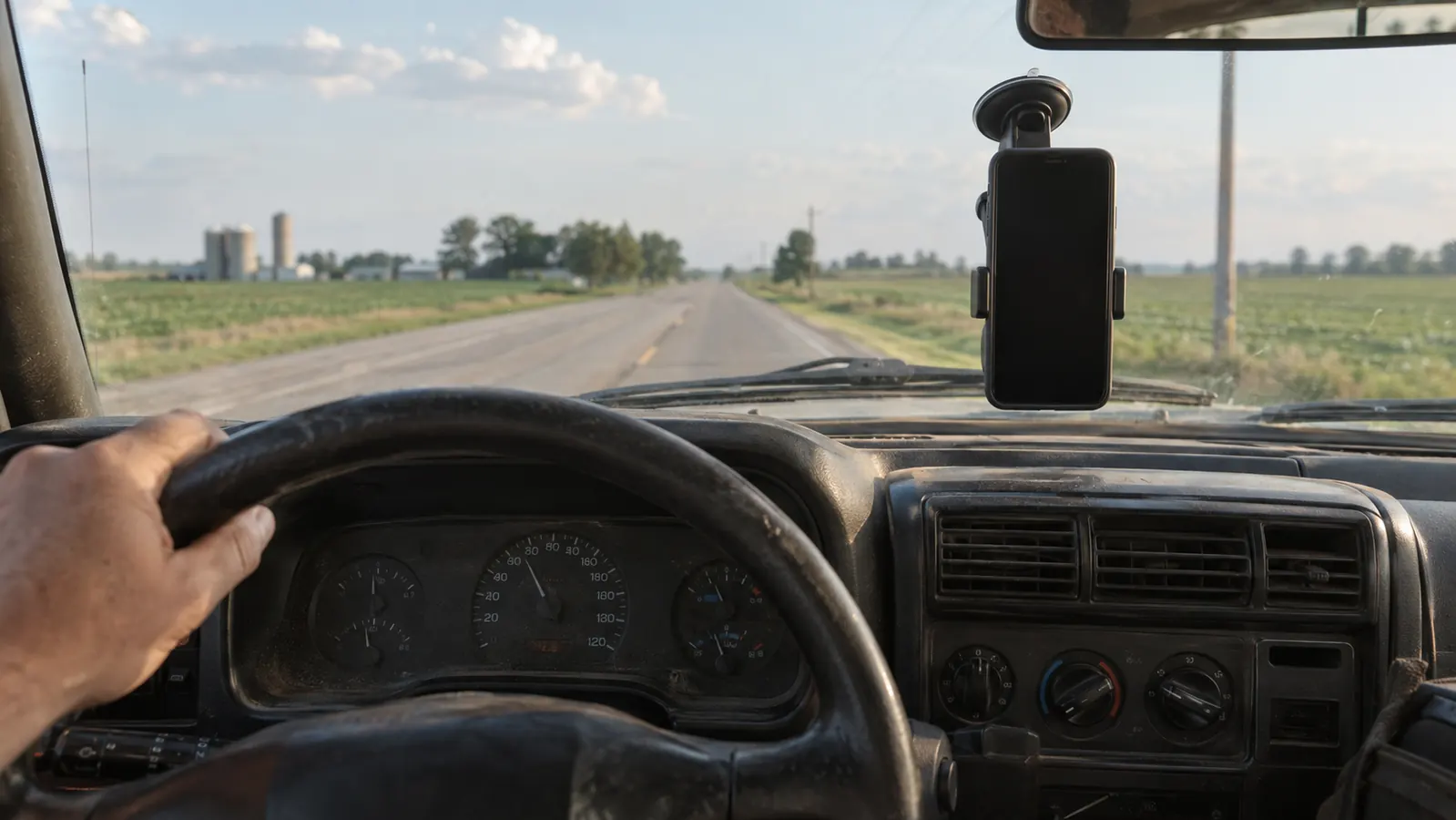 View from the driver's seat of an older SUV showing a phone held upright on a mount behind the steering wheel