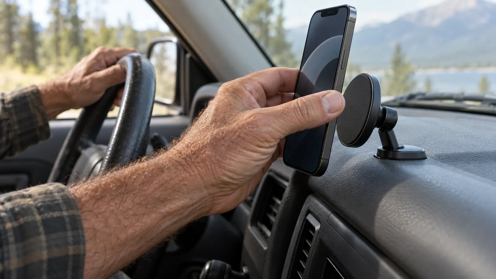 A hand placing a smartphone onto a magnetic mount on the dashboard of an older SUV