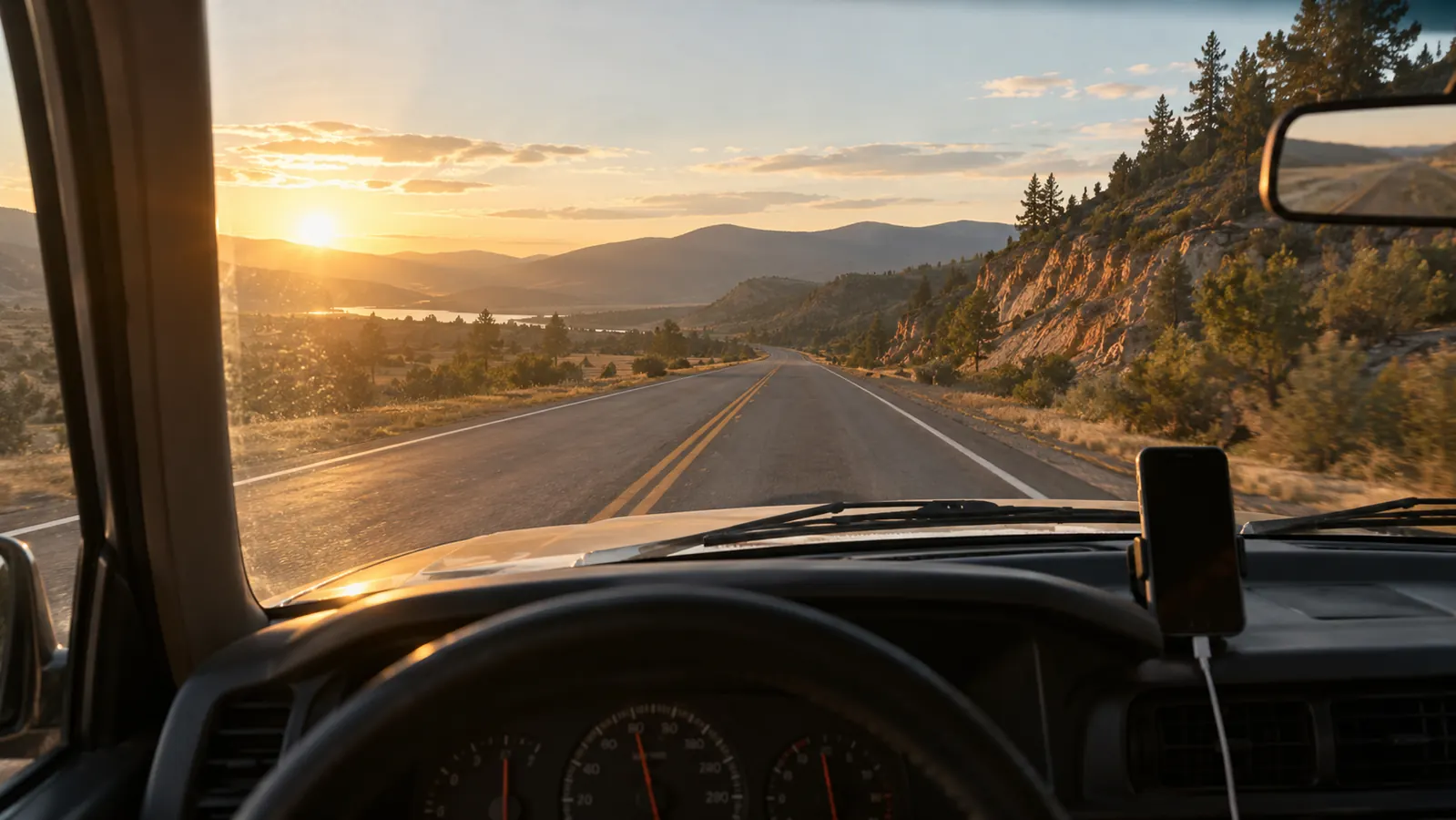 View from the driver seat of an older SUV on a highway, phone mounted on the dashboard near the lower edge of the windshield