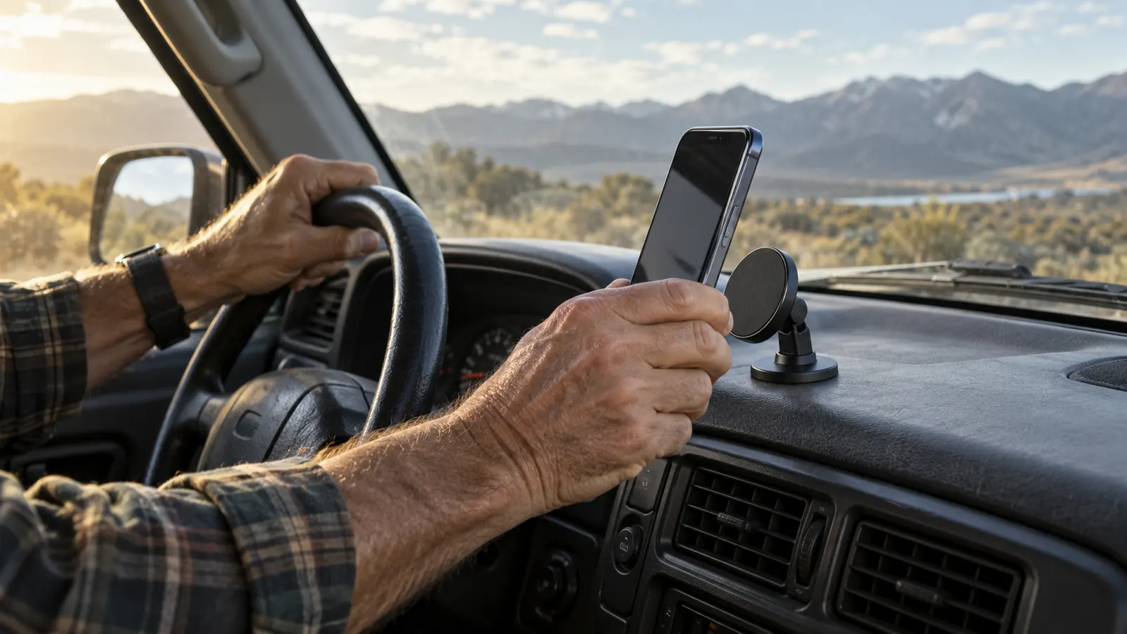 A hand from the driver's seat reaching to set a phone onto a magnetic dash mount in an older SUV