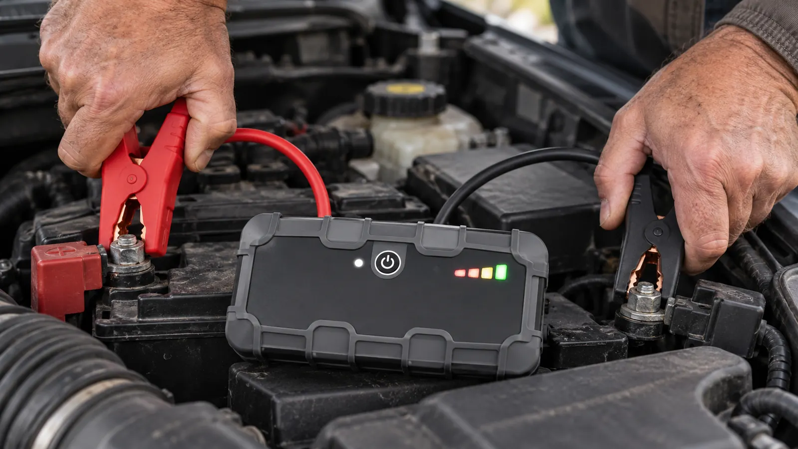 A person connects a portable jump starter unit to a car battery in an open engine bay