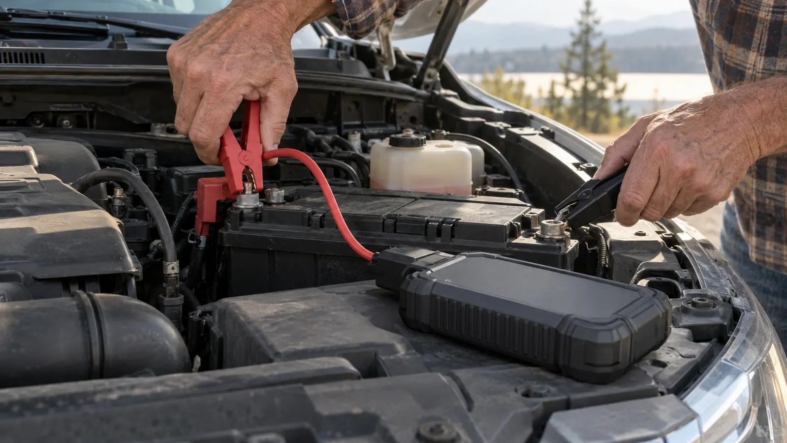 Hands connecting a compact jump starter with two clamps to a car battery under an open hood