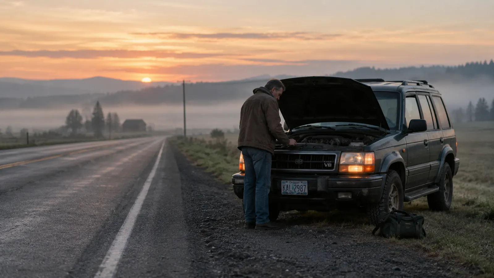An older SUV on the shoulder of a two-lane road at dawn with its hood open and hazard lights on
