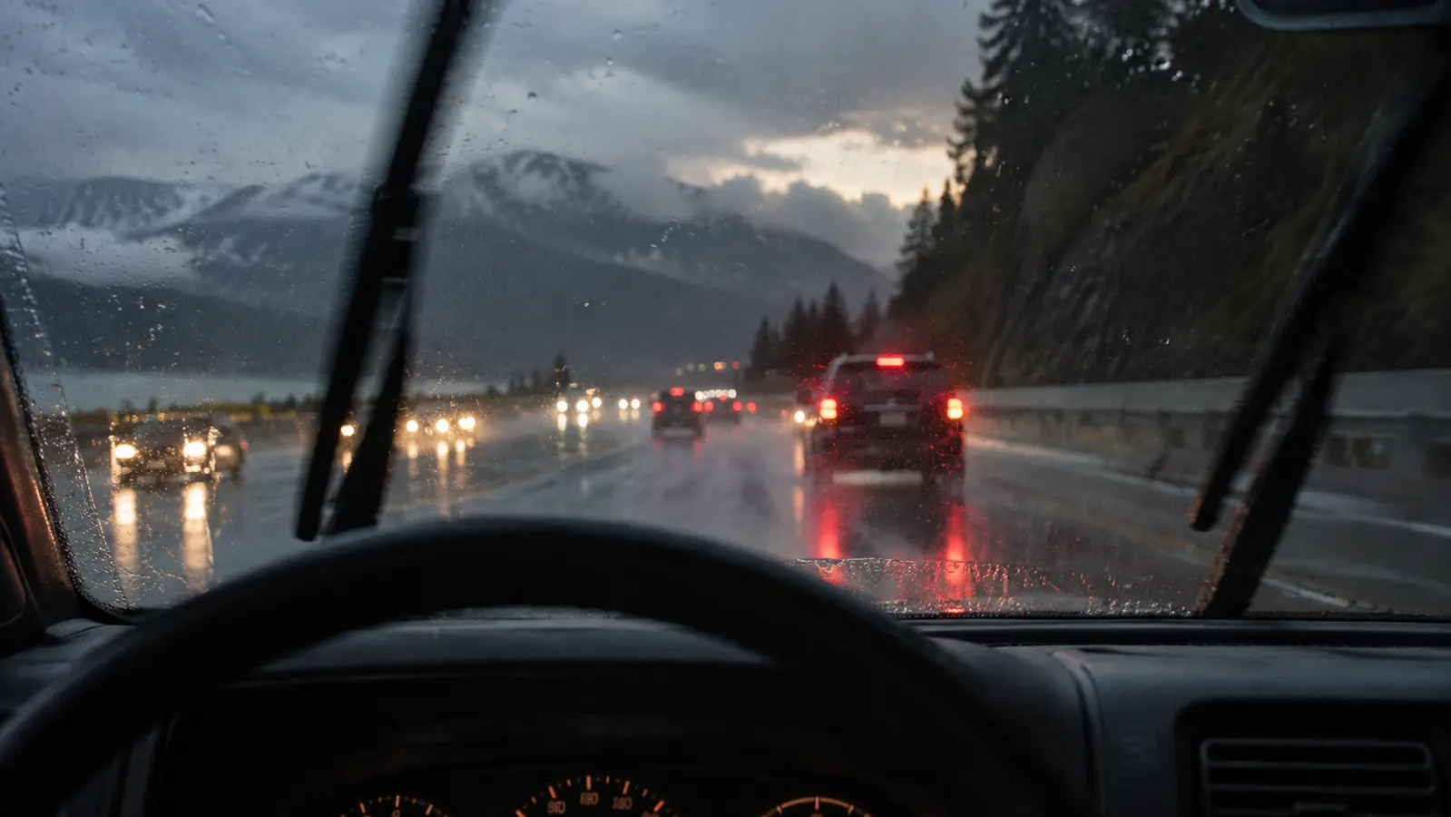 Rain-streaked windshield at dusk on a highway with traffic lights ahead