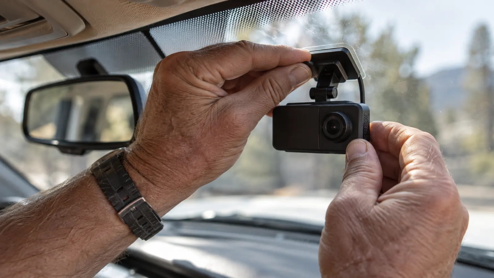 Hands pressing a compact dash cam against a windshield mount behind a rearview mirror.